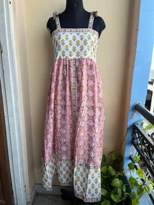 Indian 100% Cotton Floral Flock Print <b>Adjustable</b> Straps <b>Square</b> Collar Floor-Length Dress Pink Yellow - Product Image 2