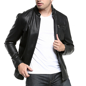 <b>Men's</b> Black PU <b>Leather</b> Windproof Moto <b>Jacket</b> Stand Collar Zipper Closure Slim Fit Regular Sleeve Solid Color 100% Polyester - Product Image 2