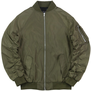 Custom Wholesale Mens Olive Green Bomber Jacket Streetwear Ruched Sleeves Flight Jacket MA1 Windbreaker Padded Varsity Coat - Product Image 2