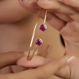 Stunning Handmade July Birthstone Two <b>Ruby</b> Gemstone Flexible Cuff Bangle Wholesale Price Fine Real K14 Yellow Gold Women Jewelry - Product Image 4
