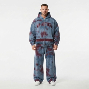 Men Blue <b>Burgundy</b> <b>Tie</b> Dye Zip Up Hoodie Wide Leg Pants Set Stud Detail Streetwear Tracksuit Custom OEM ODM - Product Image 1