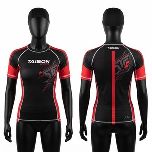 Women BJJ Rash Guard 220 GSM Nylon Spandex Moisture Wicking <b>Compression</b> <b>Shirt</b> Custom Sublimation Logo <b>Black</b> Red Panel Design - Product Image 1