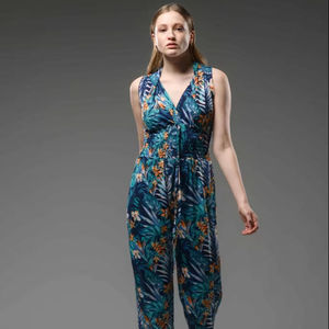 Combinaison en coton imprimé pour femmes, sans manches, col en V, taille élastique, coupe ample, tenue de plage décontractée - Product Image 2