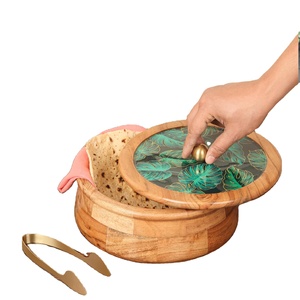 Caja Roti de madera de acacia clásica con pinzas de latón hechas de utensilios de cocina de forma redonda de alta calidad caja Chapati con tapa desmontable - Product Image 3