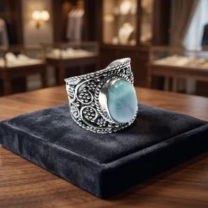 Anillo de Plata de Ley 925 con Larimar Azul Marino, Hecho a Mano, Diseño Bohemio Vintage con Filigrana, Joyería para Mujer - Product Image 6