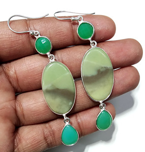 Natural Chrysoprase & Serpentine 925 Sterling Silver Bohemian Style Handmade Drop <b>Earrings</b> with Multi-Gemstone Design - Product Image 1