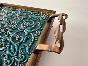 Custom Wood Enamel Serving Tray with Ornamental Print Decorative Handles Handmade Rectangular <b>Platter</b> for Dining Table Kitchen - Product Image 4