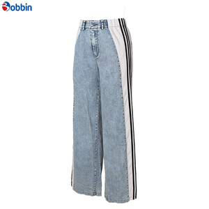 Pantalones Vaqueros con Rayas Laterales y Logotipo Personalizado para Mujer, Ropa de Moda, Pantalones de Pierna Ancha con Parches y Cintura Alta, Pantalones Rectos de Mezclilla - Product Image 3