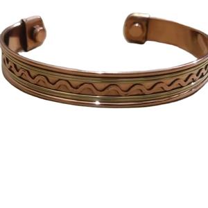 Wide Pure <b>Copper</b> Brass Inlay <b>Magnetic</b> Therapy <b>Bracelet</b> Elegant Wavy Line Detail Arthritis Pain Relief Statement Cuff Unisex - Product Image 1