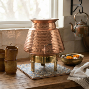 กระติกน้ำทองแดงทำมือ แบบตอกลาย พร้อมขาตั้งทองเหลืองและก๊อกน้ำ สำหรับใช้ในบ้าน ครัว โรงแรม ร้านอาหาร - Product Image 2