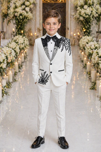 Custom White Boys Tuxedo Suit with Black Floral Embroidery Formal Wedding Party Suit for Kids <b>Ring</b> Bearer Prom Outfit - Product Image 3