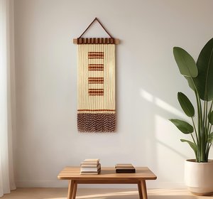 Decoración Bohemia Rectangular de Madera Hecha a Mano para Colgar en la Pared con Flecos de Borlas en Colores Naturales por Curio Craft - Product Image 2