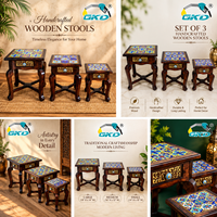 Set Meja Aksen Bangku Kayu Buatan Tangan GKD 3 Laci Penyimpanan Berhias Ubin Desain Tradisional Bentuk Persegi Panjang Rustic Motif Bunga