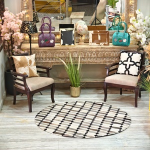 Alfombra Redonda con Patrón Geométrico, Beige, Negro, Marrón, Moderna, para Sala de Estar, Alfombra Decorativa - Product Image 2