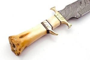 Handmade Camping Bowie <b>Knife</b> with Damascus Steel Clip Point Blade Straight Edge <b>Bone</b> <b>Handle</b> and Leather Sheath - Product Image 2