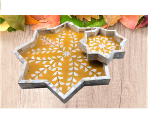 Plateau marocain en nacre et bois incrusté, fait à la main, forme d'étoile grise, service, décoration de la maison, artisanat certifié EPCH - Product Image 3