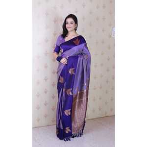 Sari de Seda Suave Violeta Elite Weaves, Diseño Floral Conceptual, Tejido con Zari, Prenda Tradicional Elegante - Product Image 1