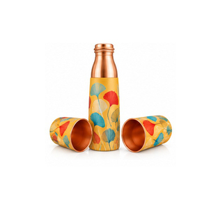 Floral Design Copper Water Bottle with Two Matching <b>Cups</b> Portable Thermos for Home Use - Product Image 5
