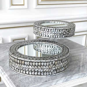 Plateau de service artistique fait main de qualité supérieure, design arabe moderne, éclat divin, support à gâteau en bois avec incrustation de nacre - Product Image 5