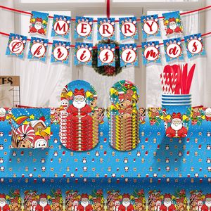 Christmas 10-Piece <b>Disposable</b> Party Supplies Kit Snowman Motif <b>Tableware</b> Paper Plates Banners Plastic Tablecloths Cut Design - Product Image 2