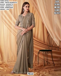 Emerald Royale <b>Black</b> <b>Satin</b> Georgette Saree Embroidered Jacket <b>Blouse</b> Floor Length Quick Dry Elegant Wedding Wear for Women 7612 - Product Image 2