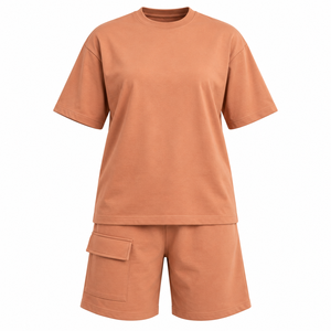 Conjunto de Shorts Casuales Unisex para Verano 2026, Camiseta de Manga Corta Sólida, Tejido de Punto, Spandex/Algodón, Transpirable, Ajuste Holgado, Secado Rápido - Product Image 1