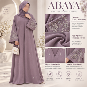 Vestido Abaya Color Malva Regal con Bordado Floral Intrincado y Mangas Anchas |   Vestido Maxi Musulmán Modesto para Ocasiones Elegantes - Product Image 5