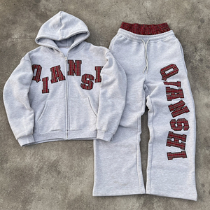 Wholesale custom embroidered Men’s fleece tracksuit featuring oversized hoodie and double-waist jogger <b>sweatpants</b> <b>set</b> - Product Image 1