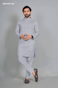 High Quality Cotton <b>Silk</b> with Embroidered Readymade Full-Sleeve Collar-Neck <b>Kurta</b>-Payjama Collection Wholesale Supply - Product Image 4