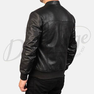 Blouson Bomber en Cuir Noir Premium pour Homme, Veste Moto en Peau de Mouton Véritable Texturée Perforée, Coupe Slim, Fermeture Éclair, Style Universitaire - Product Image 2