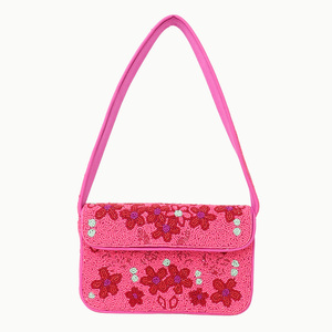 Sac à bandoulière perlé rose vif à motif floral pour femme, style bohème, fait main, avec rabat - Product Image 1
