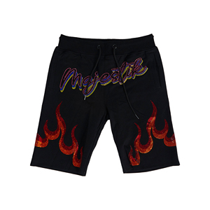 Shorts pour homme noirs à imprimé flamme pailleté, taille élastique, style décontracté, tissu tricoté respirant - Product Image 2