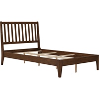 Lit plateforme moderne NESTHOUZ en bois massif, super simple, avec tête de lit minimaliste à lattes verticales, finition chêne naturel, fabriqué à Pulau Pinang