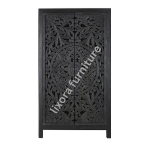 Luxury Handcrafted Solid Wood 2 Door <b>Wardrobe</b> Ornate Mandala Floral Carving Charcoal Black Armoire - Product Image 5