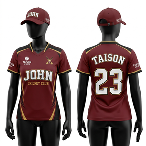 Maillot de cricket pour femmes 180 GSM en polyester respirant, avec empiècements latéraux bordeaux, or et bleu marine, sublimation, tenue d'équipe personnalisée, coupe professionnelle - Product Image 3