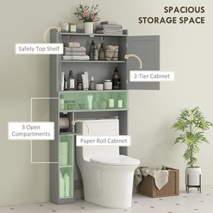 Mobiletto Moderno Grigio in PVC da Posizionare Sopra il WC con 2 Ante e Portarotolo, Unità di Stoccaggio per Uso Ospedaliero - Product Image 4