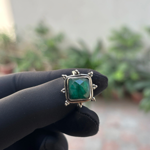 Fine 925 Sterling <b>Silver</b> Handmade Bezel Gemstone Dyed <b>Emerald</b> Green <b>Ring</b> Square Shape Wedding Party Trendy Christian - Product Image 1
