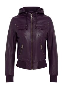 Chándal de cuero sintético con capucha para mujer, color morado oscuro, con bolsillo con cremallera, mangas largas y pantalón a juego - Product Image 2