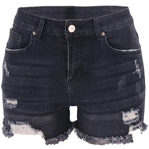<b>Women</b> <b>Black</b> Ripped Denim <b>Shorts</b> High Waist Button Fly Casual Style Solid Color 100% Cotton Woven Fabric Breathable <b>Short</b> Length - Product Image 3