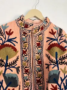 <b>Women</b> Boho <b>Light</b> Pink Suzani Embroidered Cotton <b>Jacket</b> Stand Collar Floral Handwork Ethnic Short Coat Vintage Style Outerwear - Product Image 4
