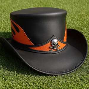 Chapeau haut de forme en cuir noir fait main de qualité supérieure avec crâne flamboyant orange, style motard, steampunk, gothique - Product Image 6