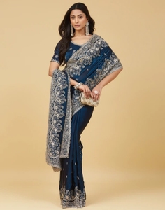Sari de satén bordado estilo Bollywood KV (azul) - Product Image 1