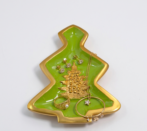 Plateau en aluminium en forme de sapin de Noël festif, émaillé en vert émeraude avec élégants accents dorés pour la décoration des fêtes - Product Image 2