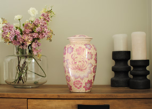 Pink Floral Aluminum Cremation Urn <b>Memorial</b> Jar Handcrafted Adult Ashes Keepsake <b>Vase</b> Tabletop Decor - Product Image 2