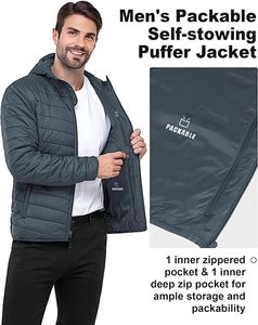 Veste matelassée à capuche pour homme, gris foncé, coupe-vent, rembourrage en polyester, décontractée, fermeture éclair, coupe classique - Product Image 4
