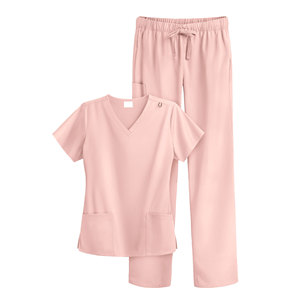 Conjunto de uniforme médico rosa para mujer, top con cuello en V y bolsillos, y pantalones con cintura elástica. - Product Image 1