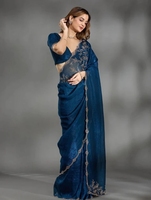 Sari de Seda Chiffon Reversible con Adornos, de Secado Rápido y Sin Arrugas, para Fiestas de Bollywood, Diwali y Bodas