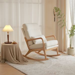 Sedia a dondolo da interno in legno massello color legno naturale con schienale alto, cintura, cuscino lombare, braccioli, schienale e seduta, struttura in ferro - 100*65*101cm - Product Image 5