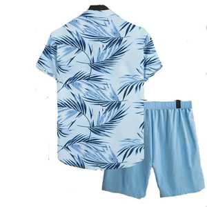 Men's Tropical Print Short Sleeve Shirt And Shorts Set <b>Light</b> Blue Palm <b>Leaf</b> Pattern Casual Summer Outfit Breathable - Product Image 2