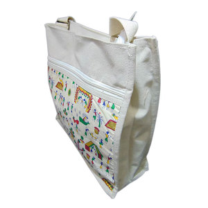 Sustainable Cotton Canvas Conference <b>Bag</b> with Zipper Closure Shoulder Handle Geometric Pattern White Color Custom Logo Printing - Product Image 4